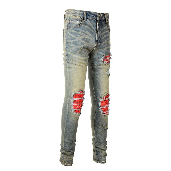 Blue Red Bandana Ripped Patchwork Jeans