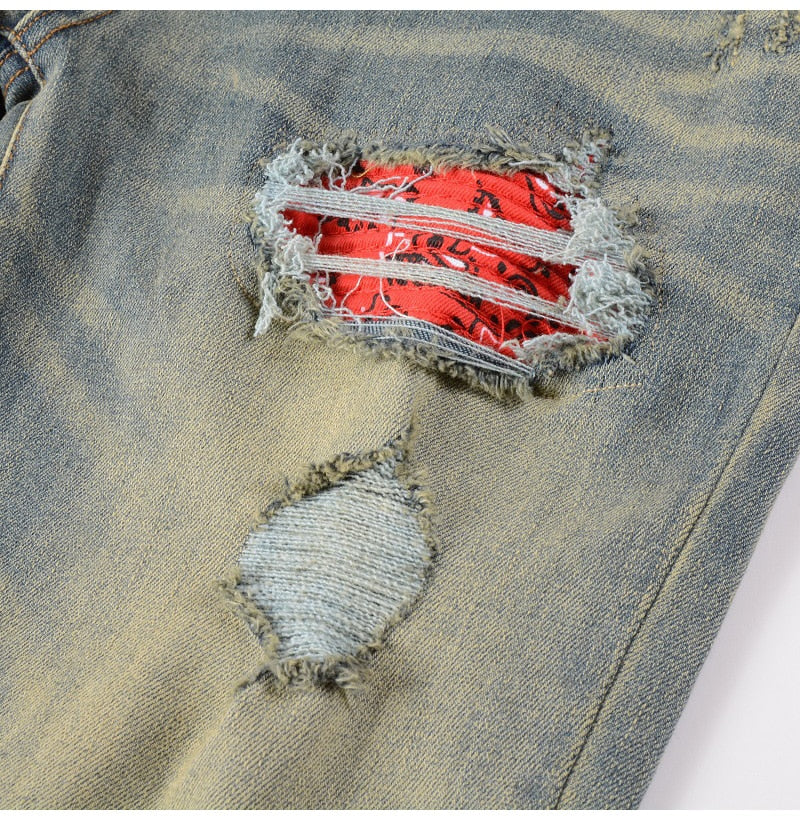 Blue Red Bandana Ripped Patchwork Jeans