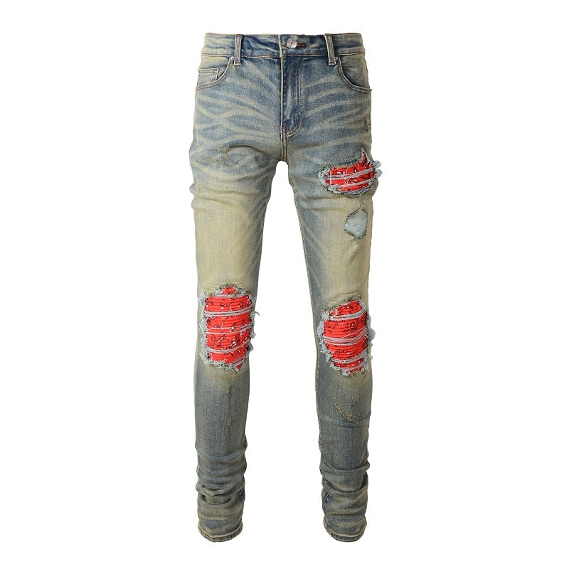 Blue Red Bandana Ripped Patchwork Jeans - Main Image