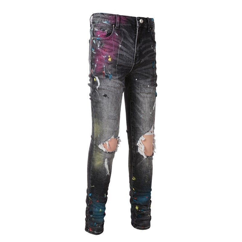 Grey Multicolour Painted Ripped Jeans