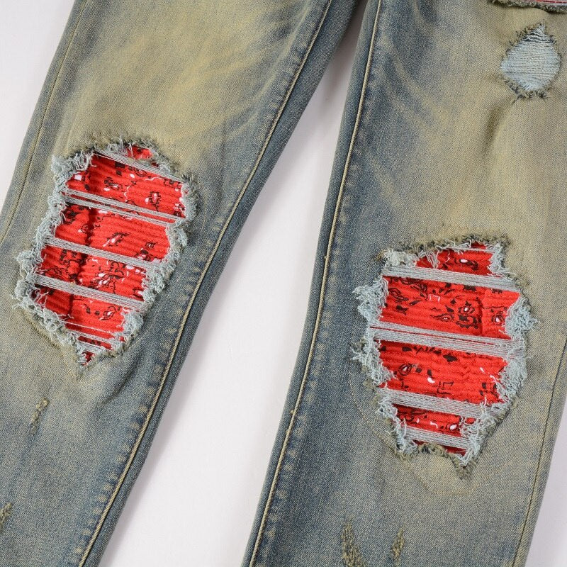Blue Red Bandana Ripped Patchwork Jeans