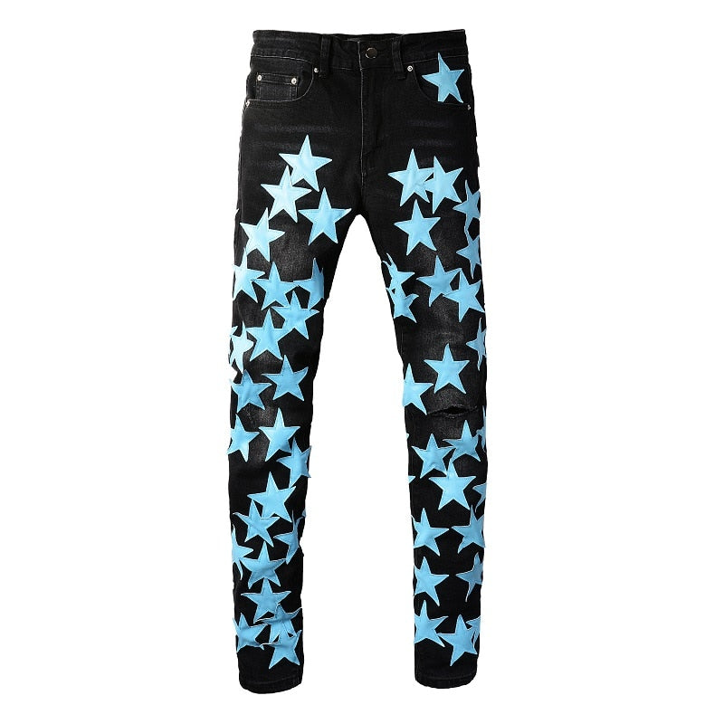 Black Sky Blue Leather Star Jeans