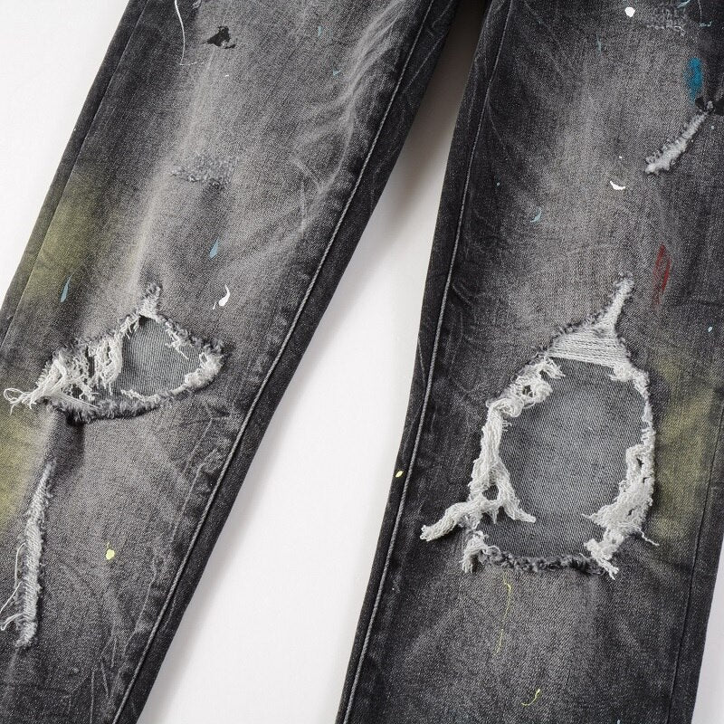 Grey Multicolour Painted Ripped Jeans