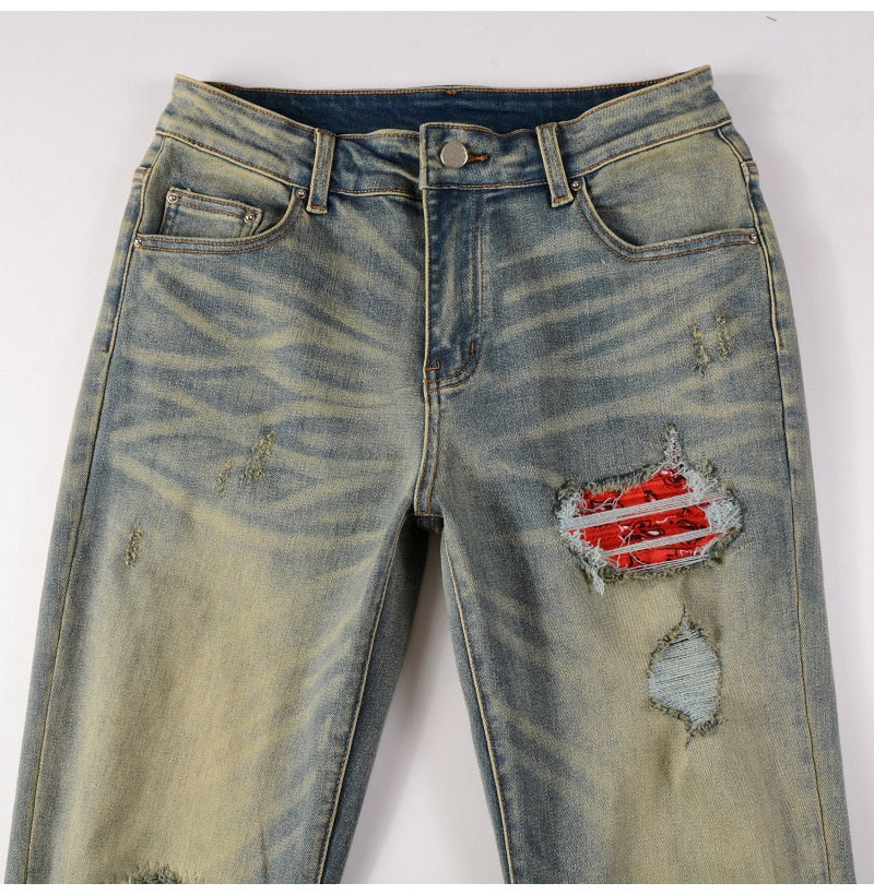 Blue Red Bandana Ripped Patchwork Jeans
