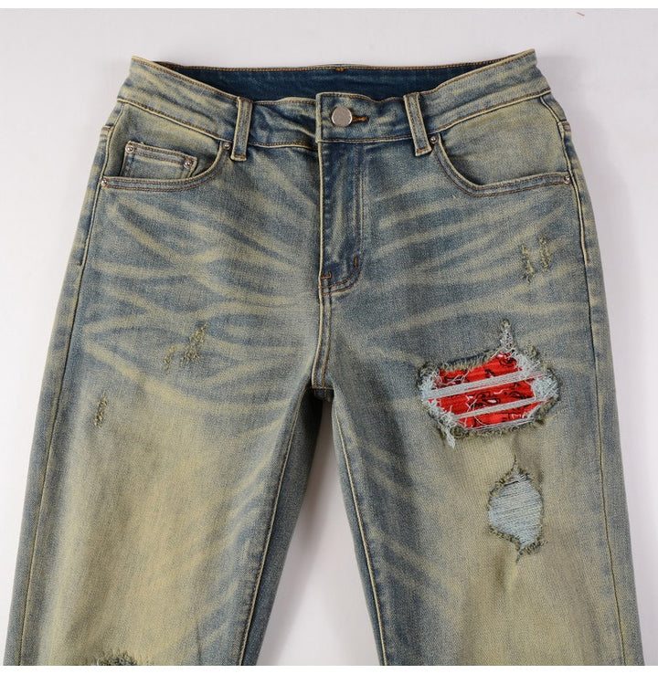 Blue Red Bandana Ripped Patchwork Jeans