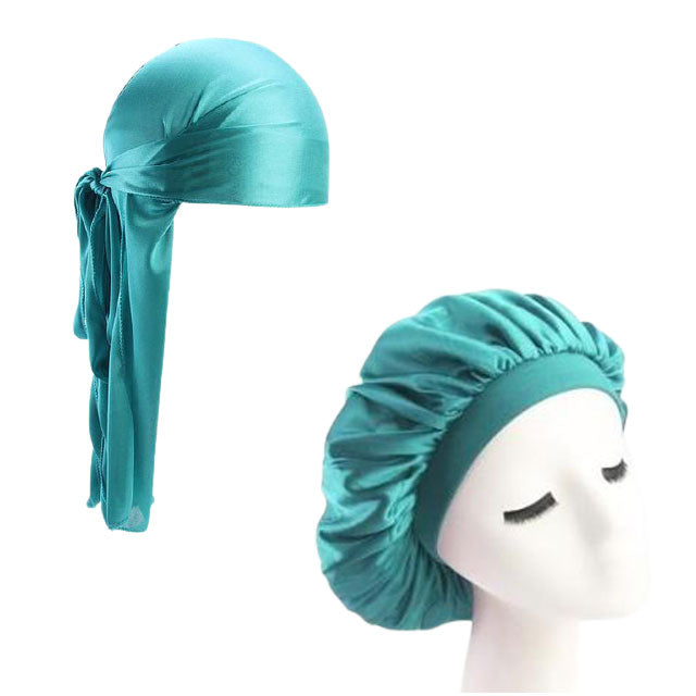 Teal Silk Durag & Wide Band Bonnet Set