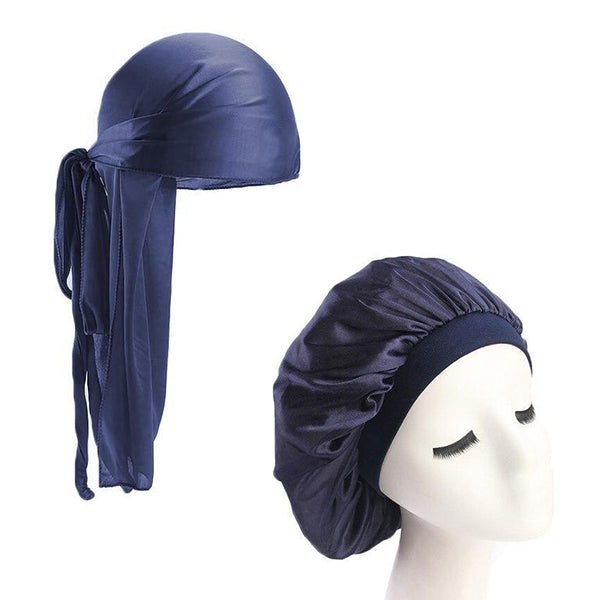 Navy Blue Silk Durag & Wide Band Bonnet Set