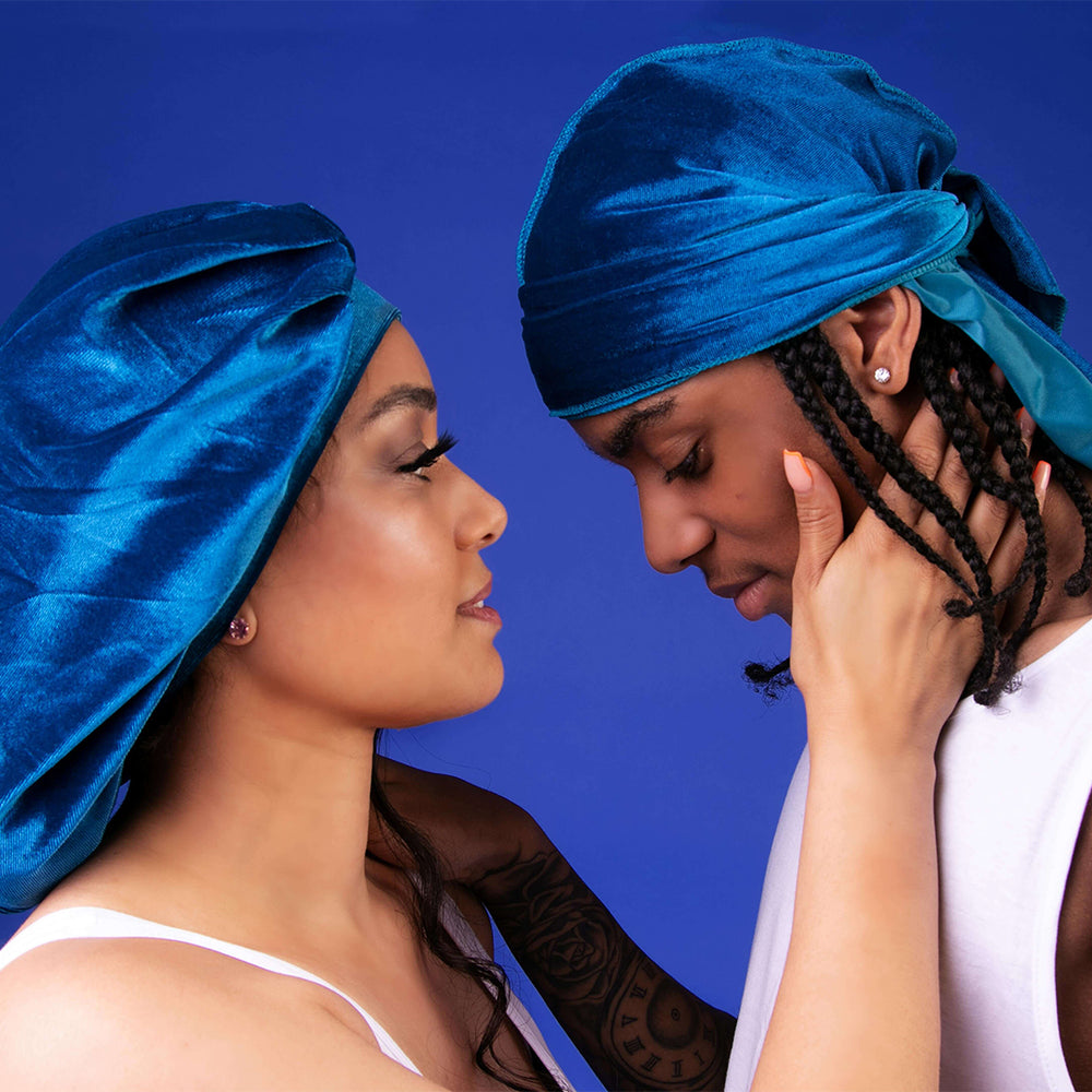 Teal Velvet Durag And Wide Band Bonnet Set