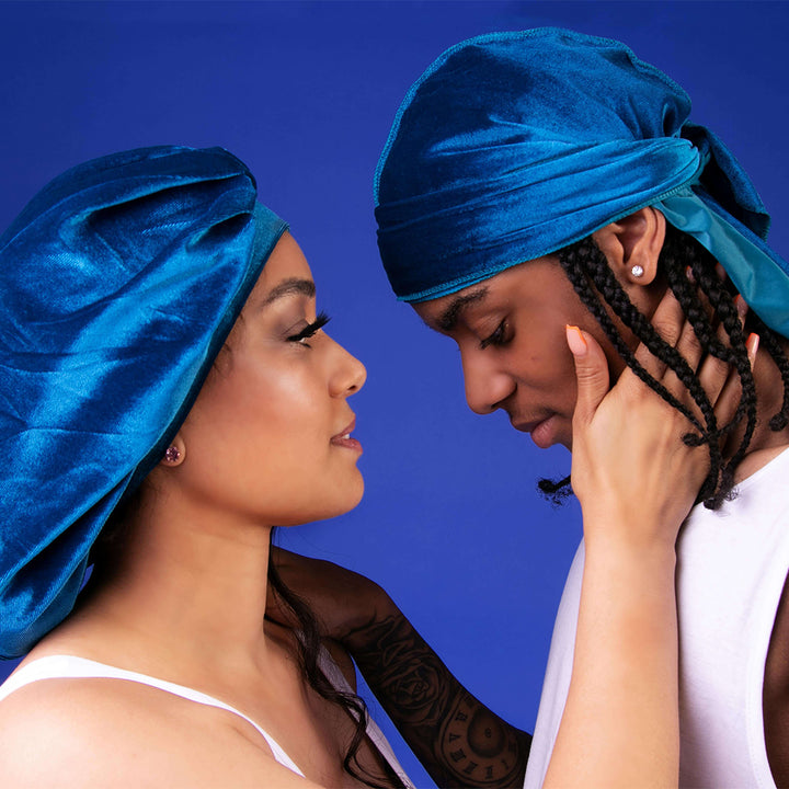 Teal Velvet Durag And Wide Band Bonnet Set