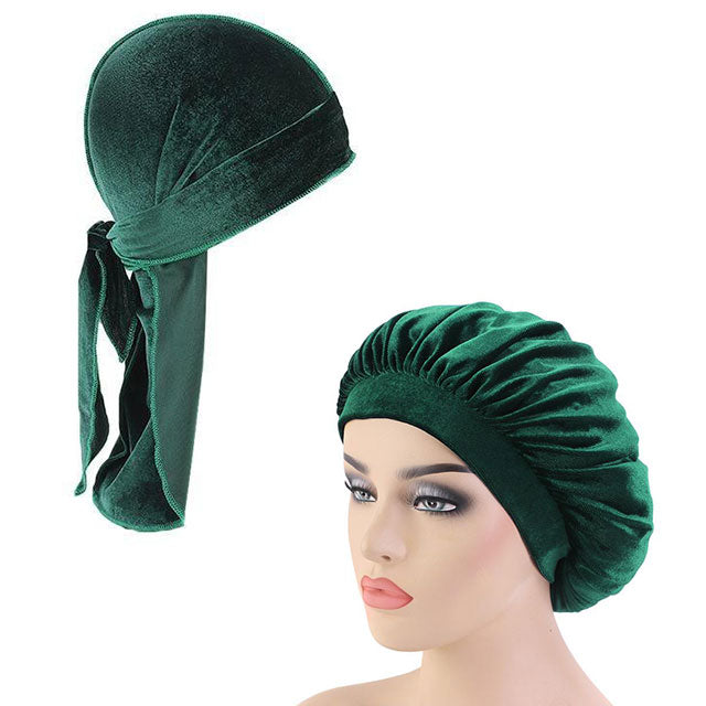Green Velvet Durag And Wide Band Bonnet Set