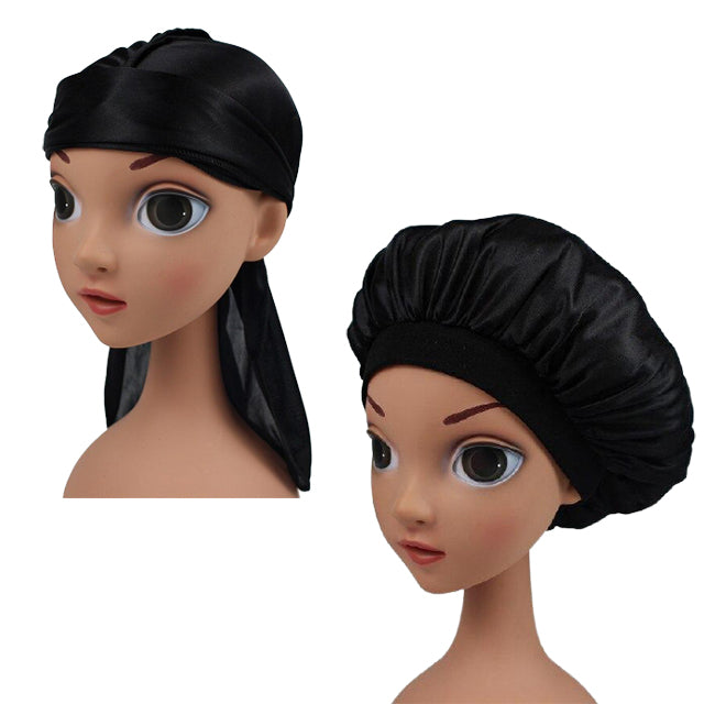 Kids Black Silk Durag & Wide Band Bonnet Set