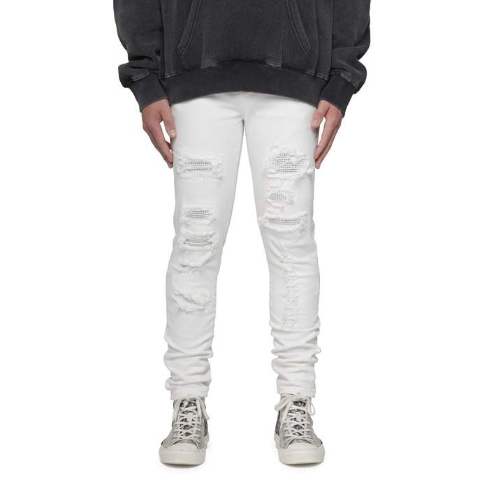 White Crystal Patchwork Ripped Jeans