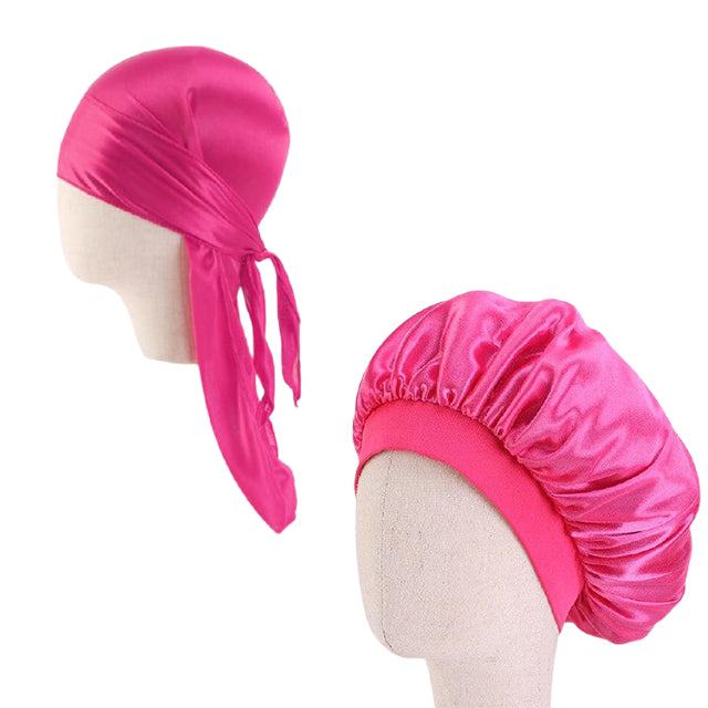 Kids Hot Pink Silk Durag & Wide Band Bonnet Set