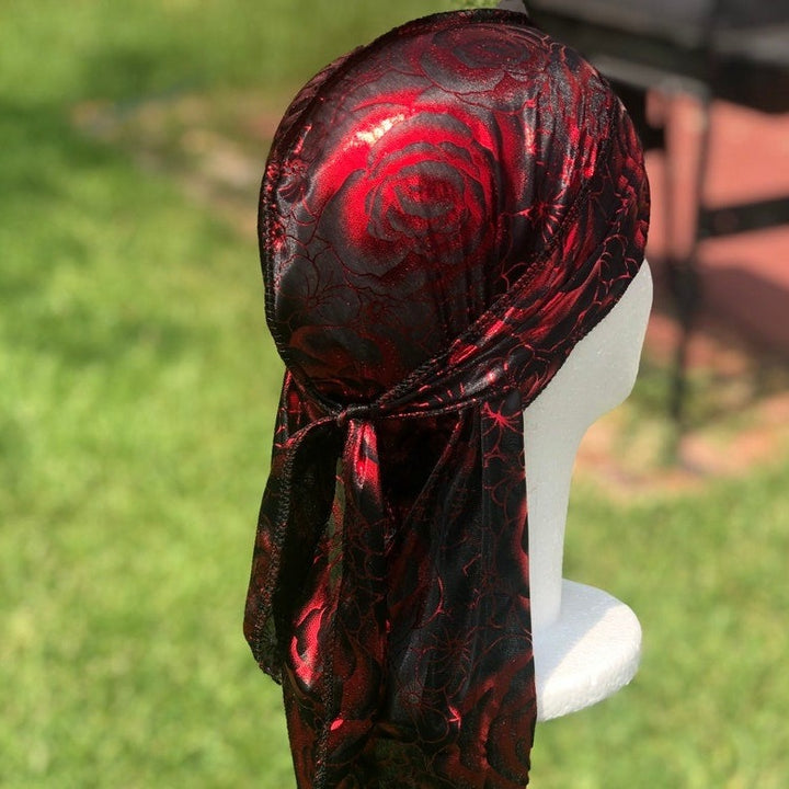 Black Red Rose Print Silky Durag