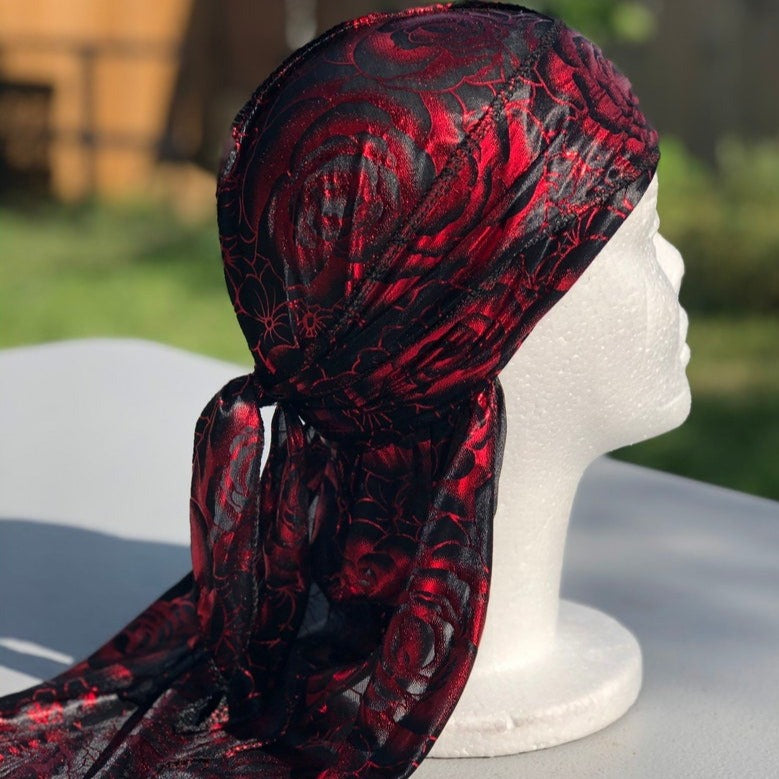 Black Red Rose Print Silky Durag
