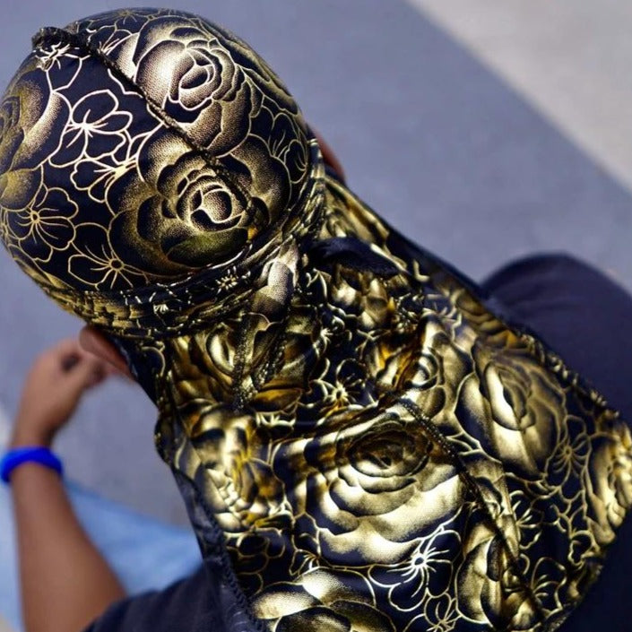 Black Gold Rose Print Silky Durag