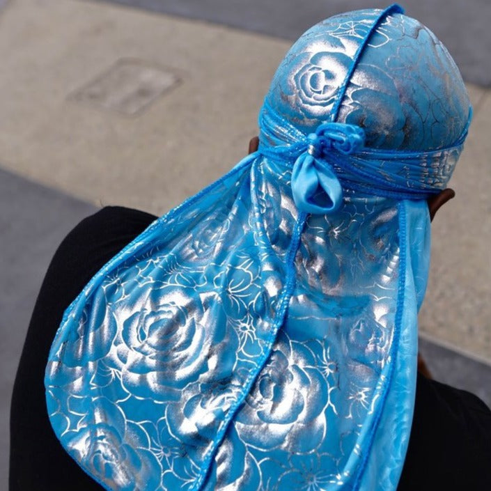 Baby Blue Rose Print Silky Durag