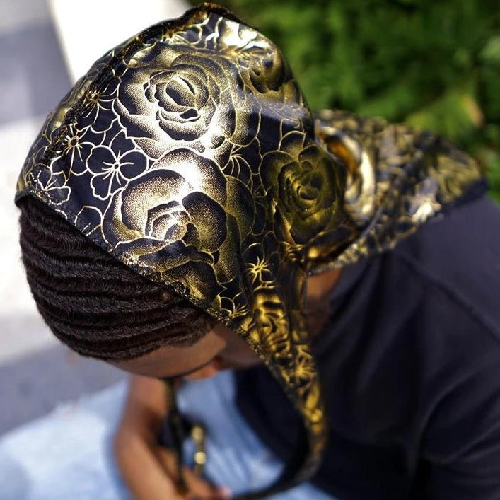 Black Gold Rose Print Silky Durag