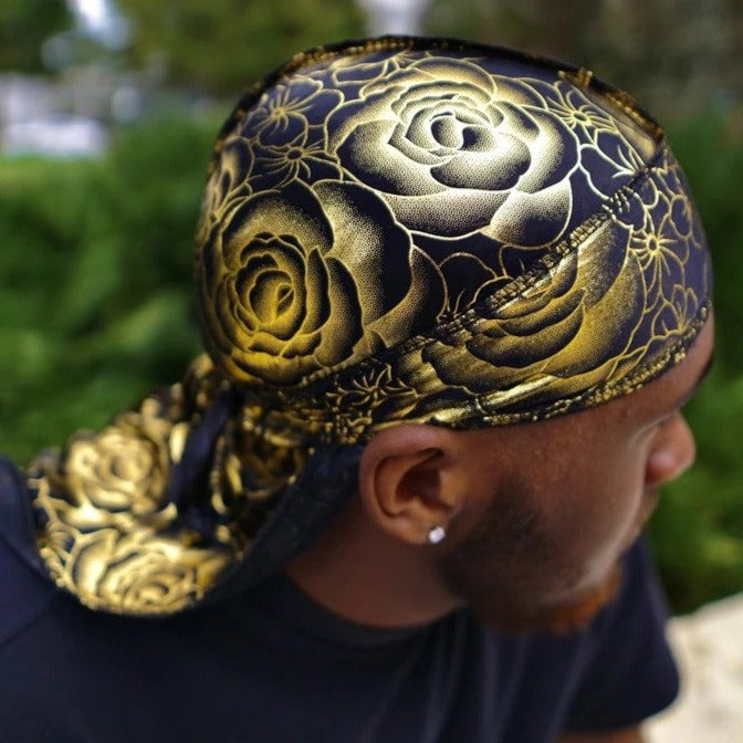 Black Gold Rose Print Silky Durag