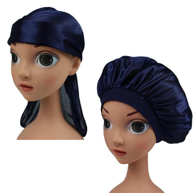 Kids Navy Blue Silk Durag & Wide Band Bonnet Set