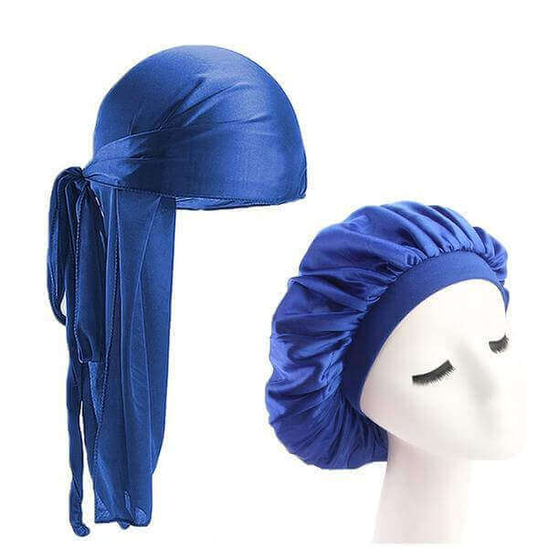 Blue Silk Durag & Wide Band Bonnet Set