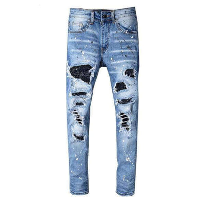 Blue Distressed Crystal Patchwork Jeans - Taelor Boutique