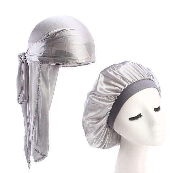 Silver Silk Durag & Wide Band Bonnet Set