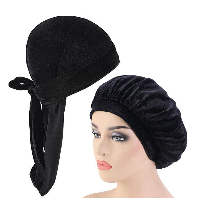 Black Velvet Durag And Wide Band Bonnet Set