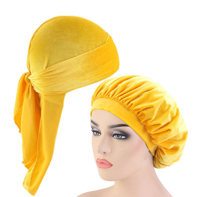 Yellow Velvet Durag And Wide Band Bonnet Set