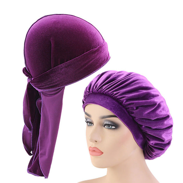 Purple Velvet Durag And Wide Band Bonnet Set