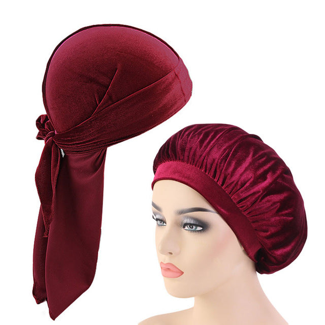 Wine Red Velvet Durag And Wide Band Bonnet Set
