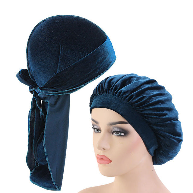 Teal Velvet Durag And Wide Band Bonnet Set