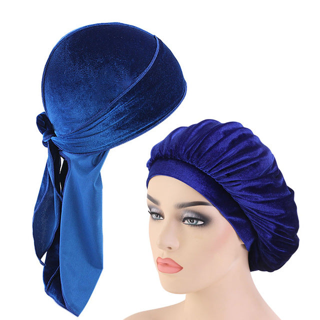 Royal Blue Velvet Durag And Wide Band Bonnet Set
