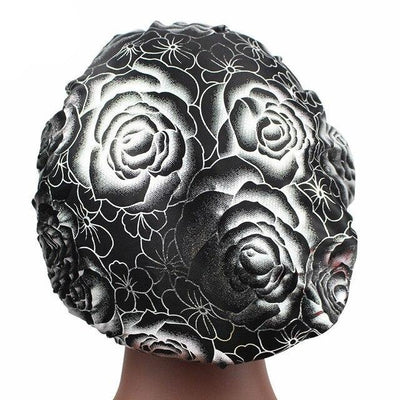 Black Silver Rose Print Silky Bonnet - Taelor Boutique