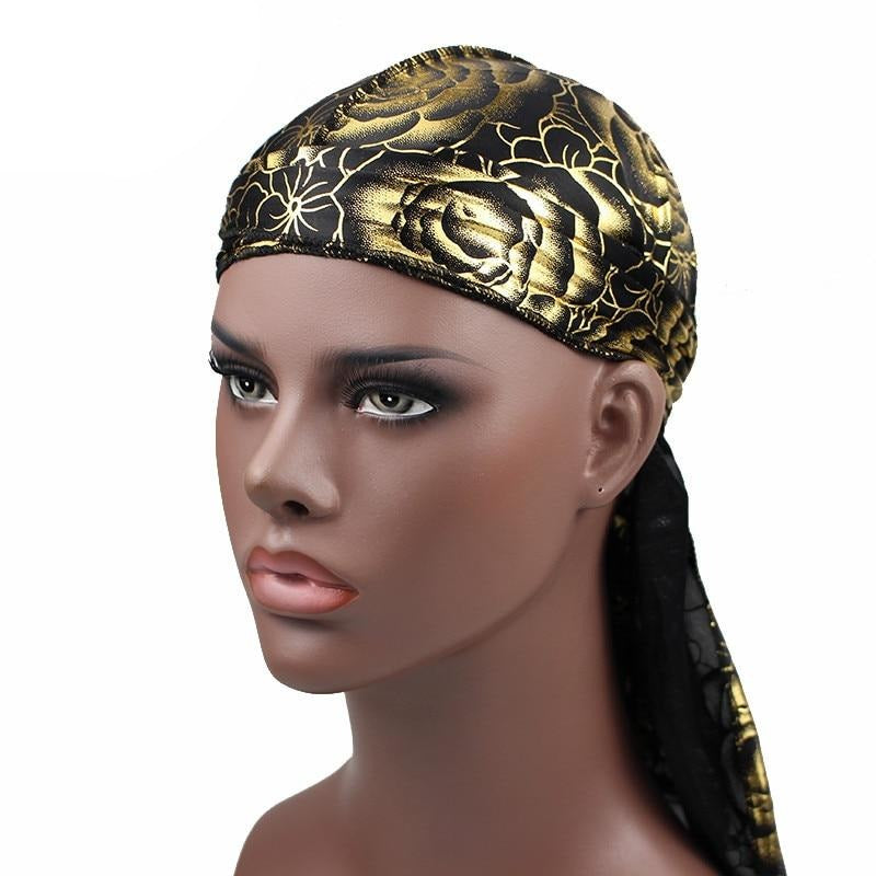 Black Gold Rose Print Silky Durag - Taelor Boutique