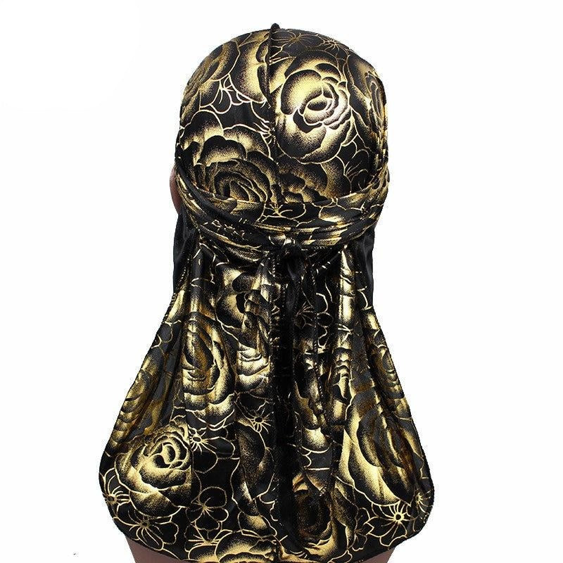 Black Gold Rose Print Silky Durag