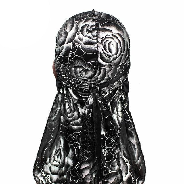 Black Silver Rose Print Silky Durag