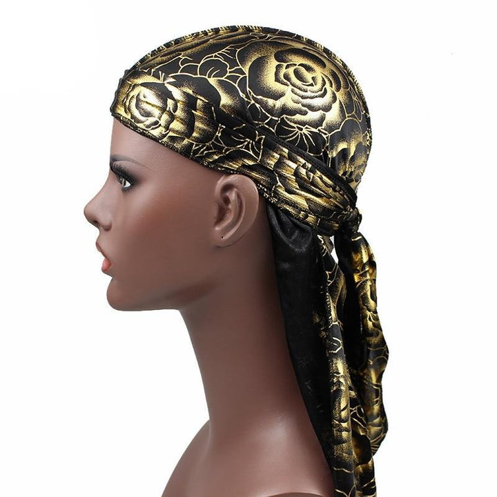 Black Gold Rose Print Silky Durag - Taelor Boutique