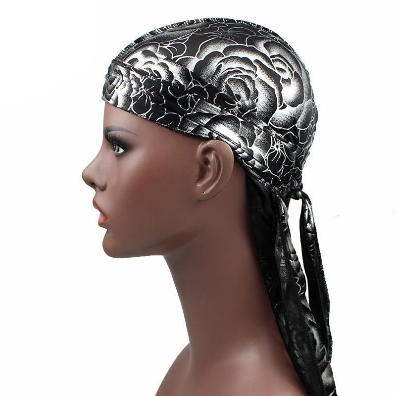 Black Silver Rose Print Silky Durag - Taelor Boutique