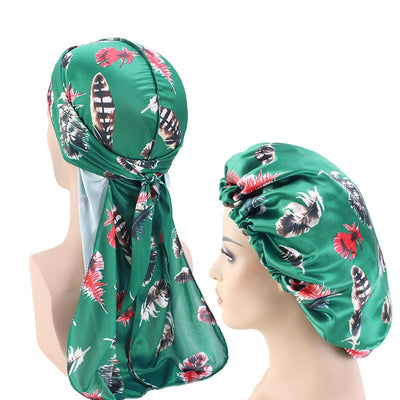 Reversible Green Feather Silky Durag & Bonnet Set - Taelor Boutique