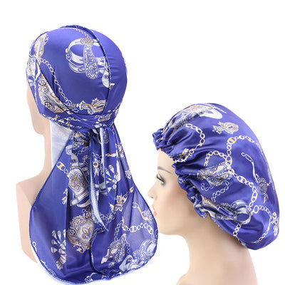 Reversible Royal Blue Chains Silky Durag & Bonnet Set - Taelor Boutique