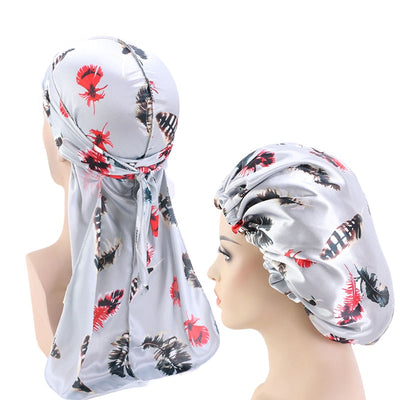 Reversible Grey Feather Silky Durag & Bonnet Set - Taelor Boutique