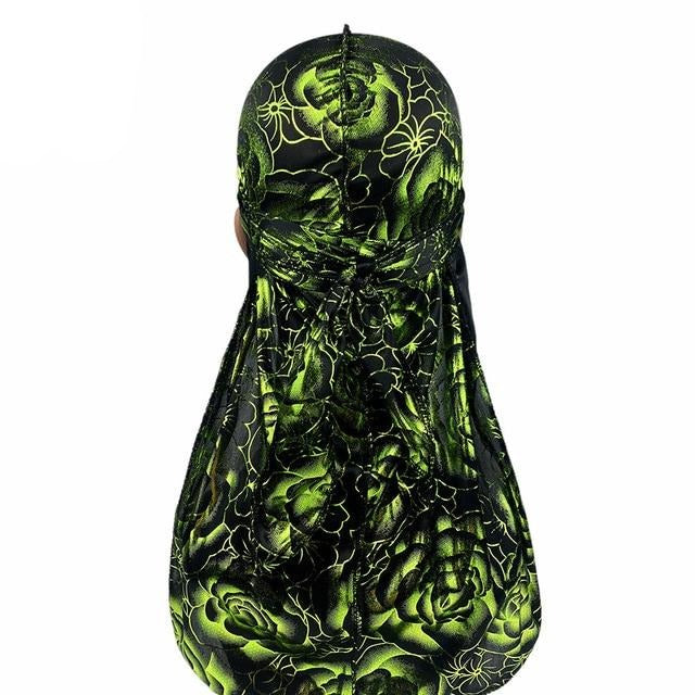 Black Green Rose Print Silky Durag