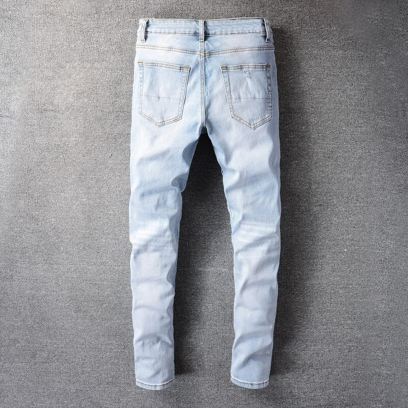 Light Blue Grey Pleated Patchwork Jeans