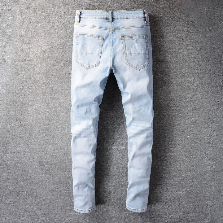Light Blue Grey Pleated Patchwork Jeans