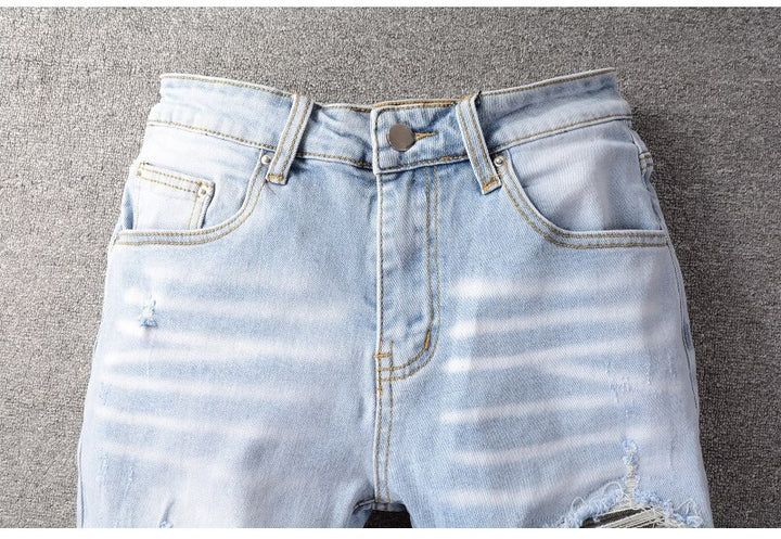 Light Blue Grey Pleated Patchwork Jeans