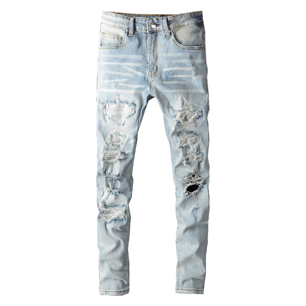 Blue Crystal Holes Distressed Patchwork Jeans