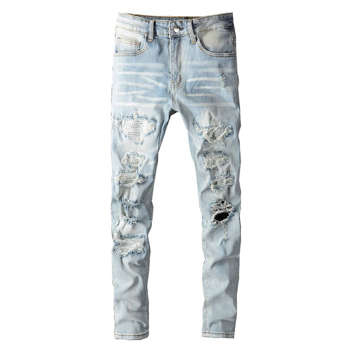 Blue Crystal Holes Distressed Patchwork Jeans