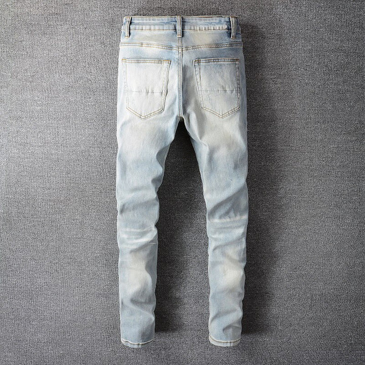 Blue Crystal Holes Distressed Patchwork Jeans