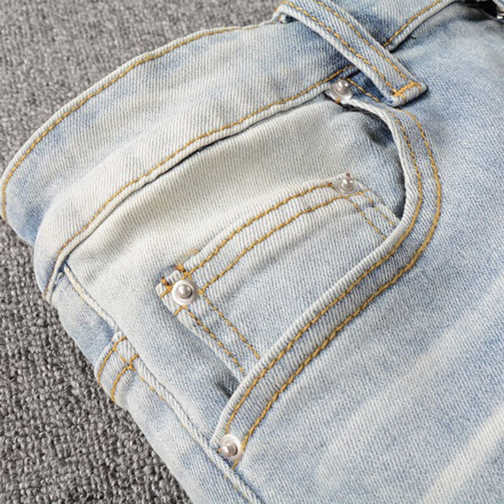 Blue Crystal Holes Distressed Patchwork Jeans